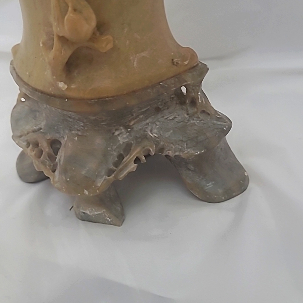 Bud Vase Chinese Carved Soap Stone Rose Floral Design Pedestal Tan brown Vintage - Picture 2 of 6